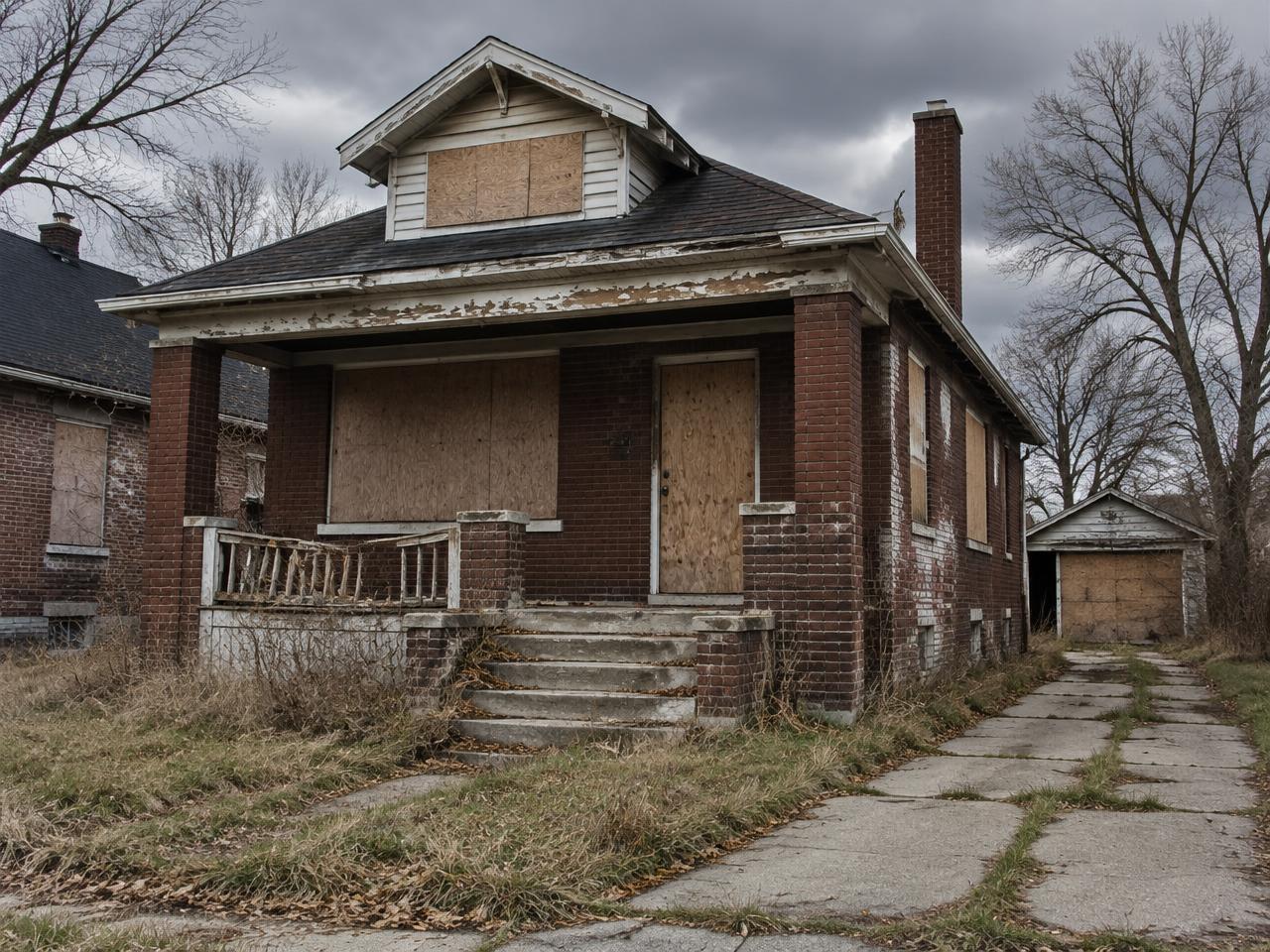 Abandoned Detroit brick home with boarded up windows and peeling paint